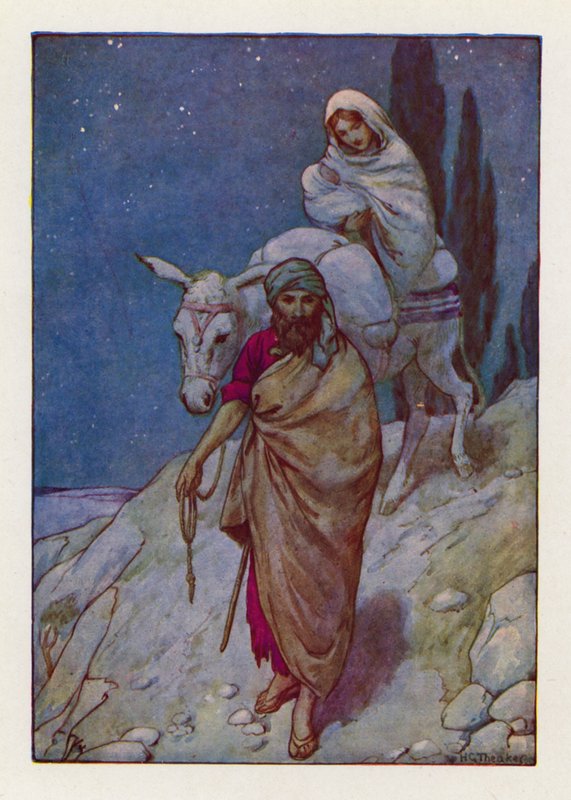 József felkelt, fogta a kisgyermeket és anyját éjszaka, és elindult Egyiptomba (színes litográfia). alkotó: Harry George Theaker