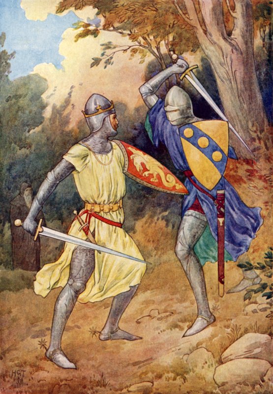 Arthur király harcol az idegen lovaggal (színes litográfia) alkotó: Harry George Theaker