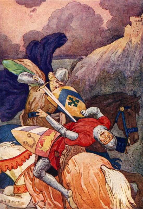 Arthur király mellbe szúrja ellenségét (színes litográfia) alkotó: Harry George Theaker