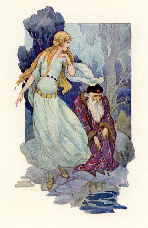 Merlin megbabonázva, ahogy a tündér énekelt (színes litográfia) alkotó: Harry George Theaker