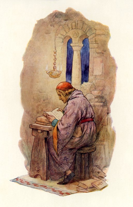 Merlin olvasás (színes litográfia) alkotó: Harry George Theaker
