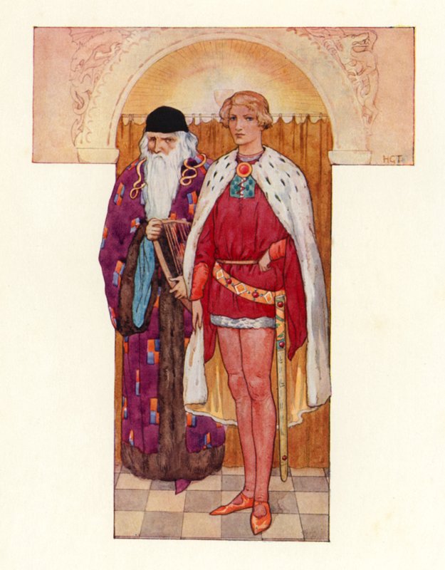 Merlin Galahaddal az oldalán (színes litográfia) alkotó: Harry George Theaker