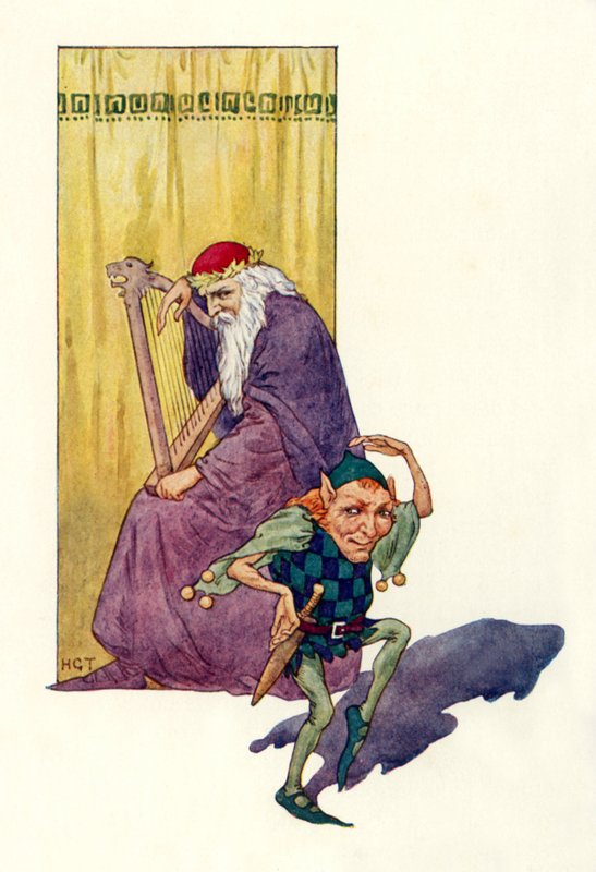 Kistáncosok és törpék szórakoztatják a királyt (színes litográfia) alkotó: Harry George Theaker