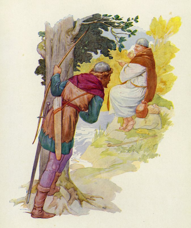A gázló melletti kis dombon egy hatalmas ember egy nagy szarvastésztát rágcsált (színes lithó). alkotó: Harry George Theaker