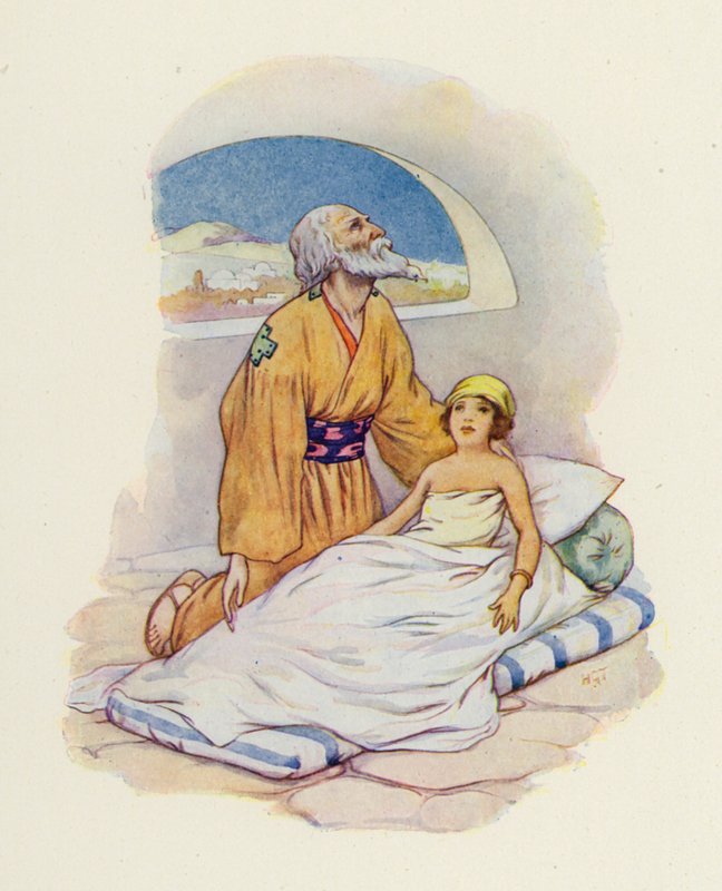 Elizeus még egyszer szorosan magához szorította a kisgyermeket (színes litográfia). alkotó: Harry George Theaker