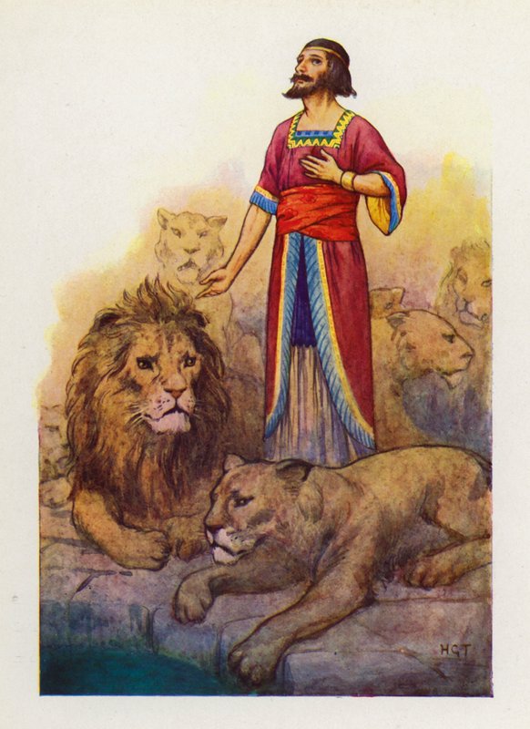 A barlang mélyéről Dániel saját hangja hallatszott (színes litográfia). alkotó: Harry George Theaker