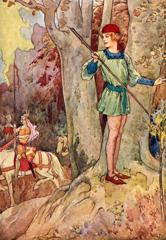 Perceval megpillantja a Kerekasztal három lovagját (színes litográfia) alkotó: Harry George Theaker