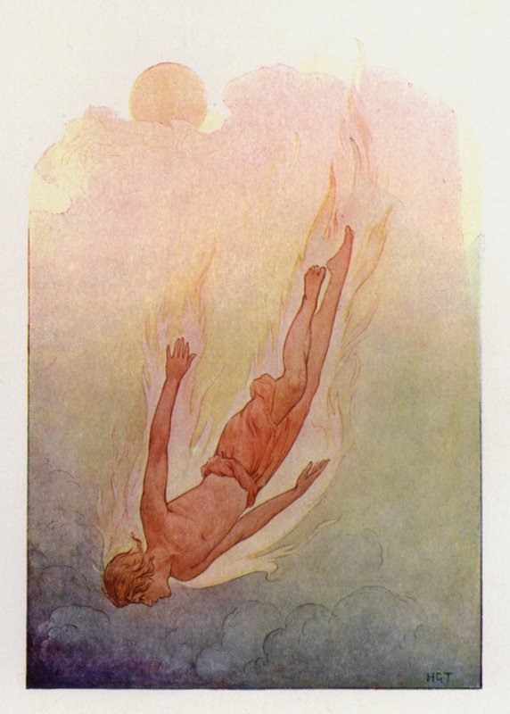 Phaeton lángoló hajjal egy mély, hűvös folyóba zuhan (színes litográfia) alkotó: Harry George Theaker