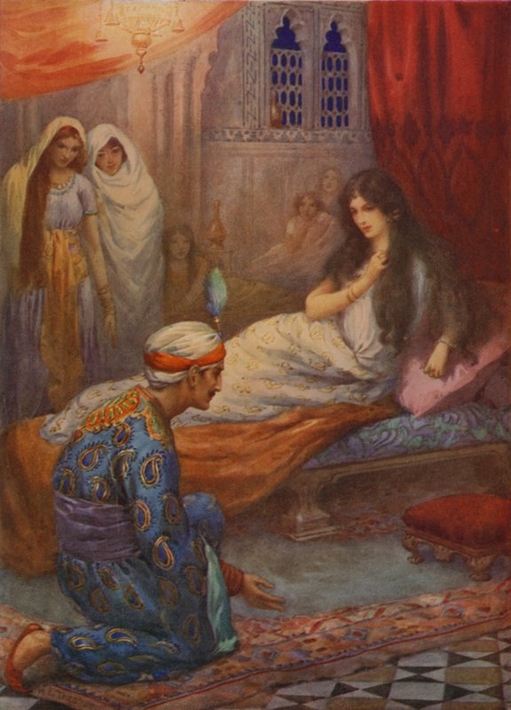 Feroze-Shah herceg felébreszti a gyönyörű hercegnőt (színes litográfia) alkotó: Harry George Theaker