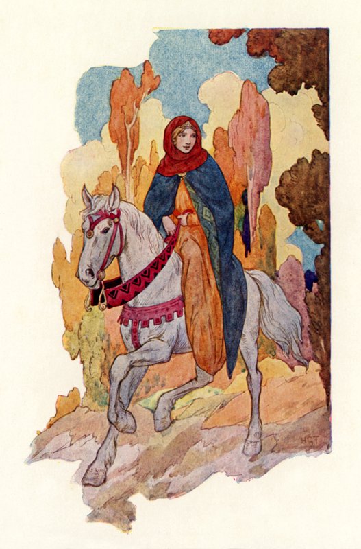Guinevere hercegnő lovagol (színes litográfia) alkotó: Harry George Theaker
