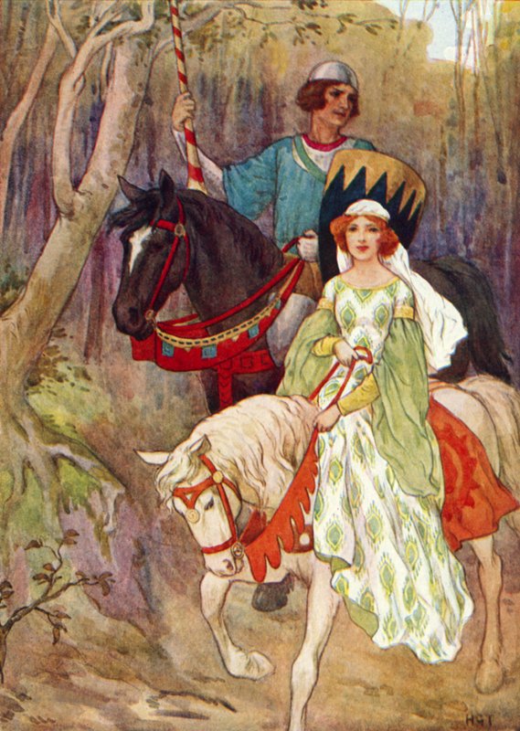 Olwen hercegnő a Malacsty herceg kíséretében (színes litográfia) alkotó: Harry George Theaker