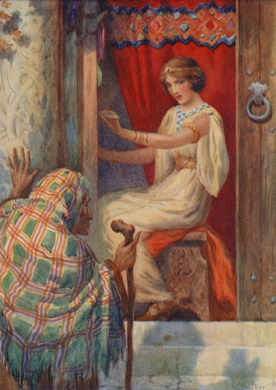 Frigga királynő és a Beldame, a "Baldur, a szeretett" című filmből (színes litográfia) alkotó: Harry George Theaker