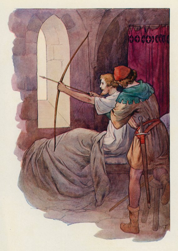 Robin az ágyban ülve lőtte ki a nyilat az apátság falán túli zöld erdőbe (színes litográfia). alkotó: Harry George Theaker