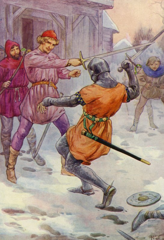 Robin megkerülte őt, és odacsapott, ahová akart (színes litográfia). alkotó: Harry George Theaker