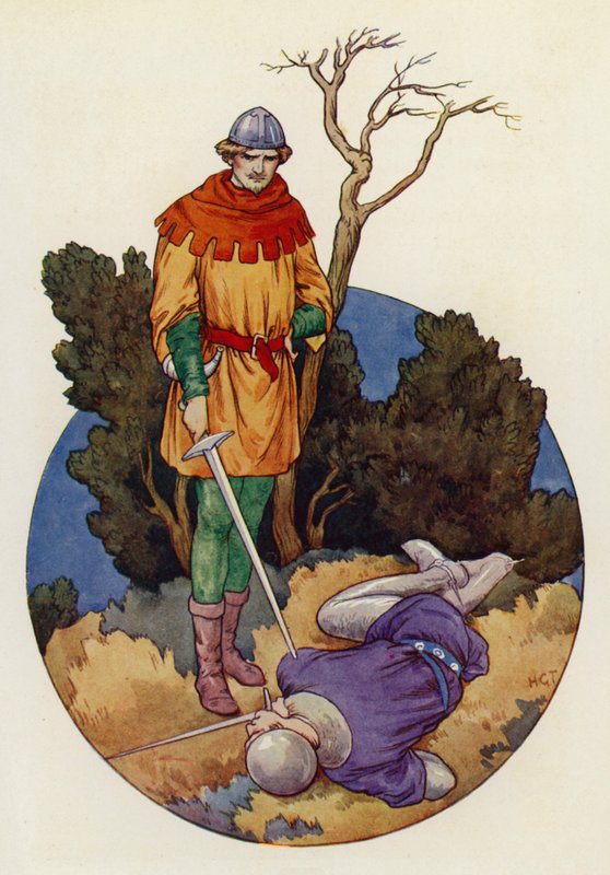 Robin hazavágott, és egyetlen nagy ütéssel holtan találta Guy of Gisborne-t (színes litográfia). alkotó: Harry George Theaker