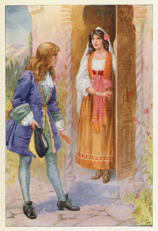 Ruyz de Alarcon és az Alhambra rózsája (színes litográfia) alkotó: Harry George Theaker