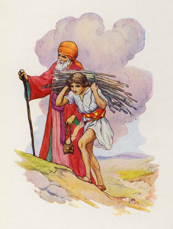 Ábrahám és Izsák egymás mellett másztak fel a meredek ösvényen (színes lithó) alkotó: Harry George Theaker