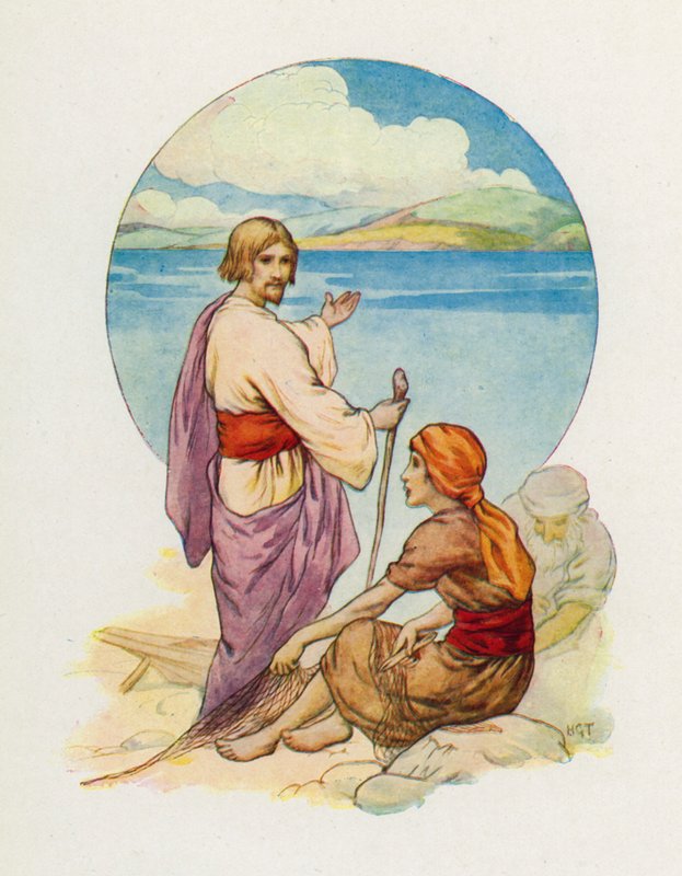 "Simon Péter és András, gyertek! Kövessetek engem!" (színes litográfia) alkotó: Harry George Theaker