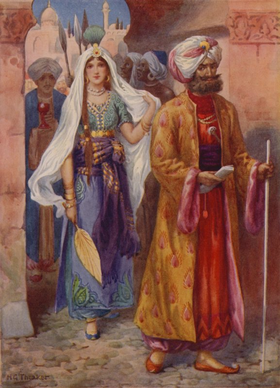 Szindbád elhozza az ajándékokat a kalifának (színes litográfia) alkotó: Harry George Theaker