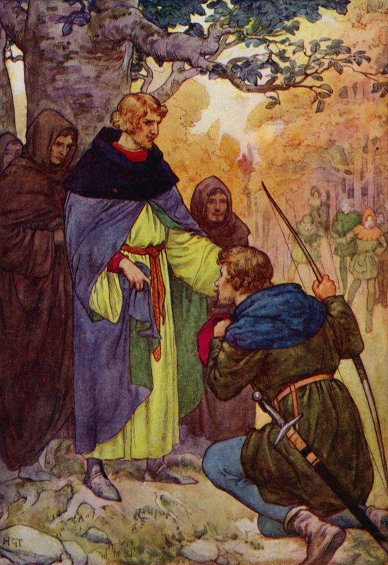 "Felség - mondta Robin, térdre borulva -, mi, sherwoodiak királyi kegyelmet kérünk" (színes lithó) alkotó: Harry George Theaker