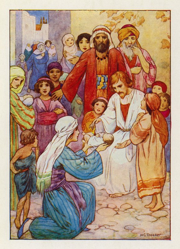"Engedjétek hozzám jönni a kisgyermekeket" (színes litográfia) alkotó: Harry George Theaker