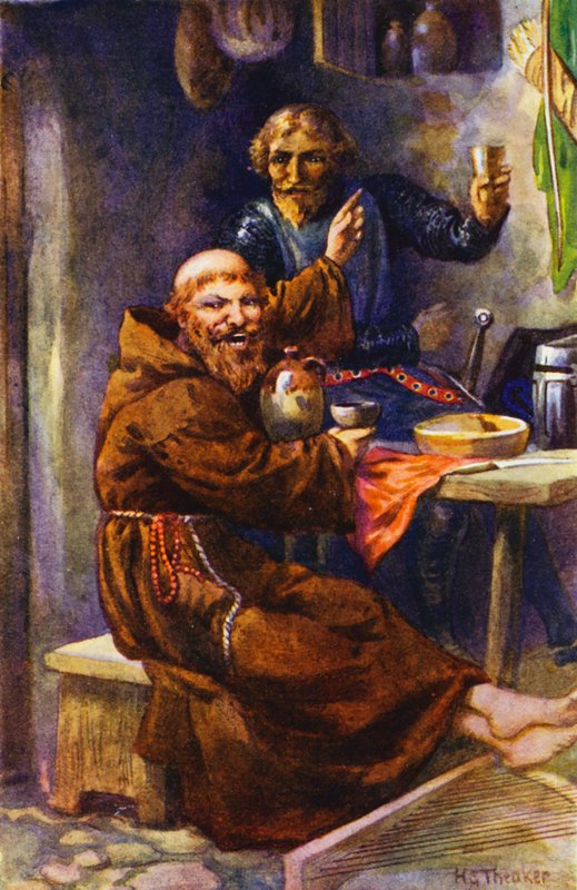A Fekete Lovag élvezi a joviális remete vendégszeretetét (színes litográfia) alkotó: Harry George Theaker