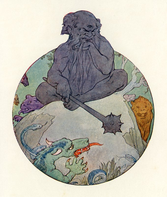 A Nagy Fekete Óriás Sir Gawaine-re vigyorgott (színes litográfia) alkotó: Harry George Theaker
