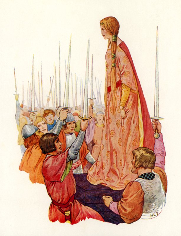 A lovagok köszöntik Guinevere hercegnőt, jövendőbeli királynőjüket (színes litográfia) alkotó: Harry George Theaker