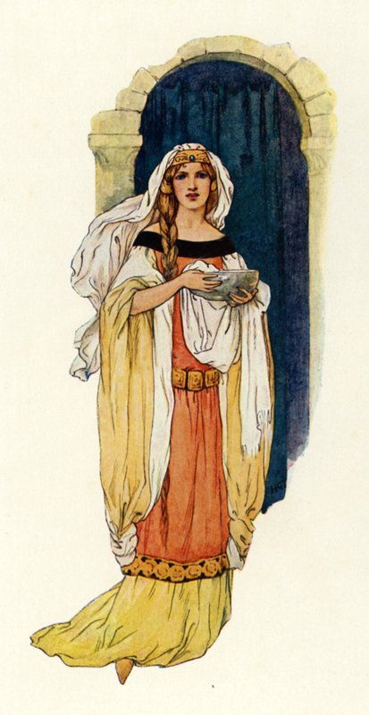 Guinevere hercegnő vizet hoz egy ezüst medencében (színes litográfia) alkotó: Harry George Theaker