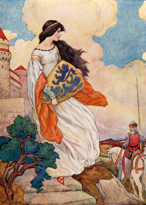 Iseult hercegnő Sir Tristram of Lyonesse pajzsával (színes litográfia) alkotó: Harry George Theaker
