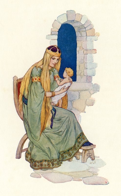 A királynő a kis Lancelot-tal (színes litográfia) alkotó: Harry George Theaker