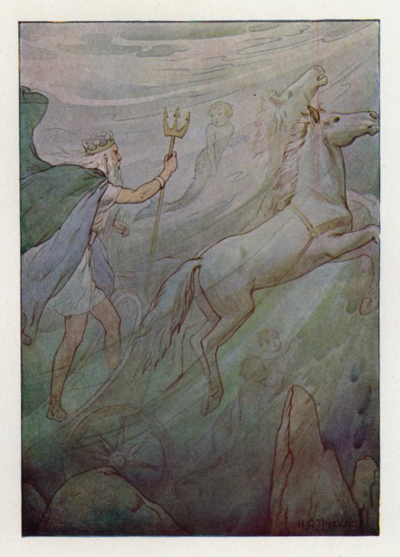 A tengeri király csillogó szekerén, amelyet zöld lovak húznak (színes litográfia) alkotó: Harry George Theaker