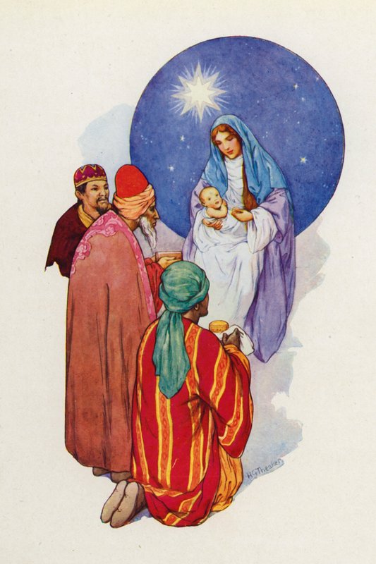 A bölcsek meglátták a kisgyermeket Máriával, az anyjával, leborultak és imádták Őt (színes litográfia). alkotó: Harry George Theaker