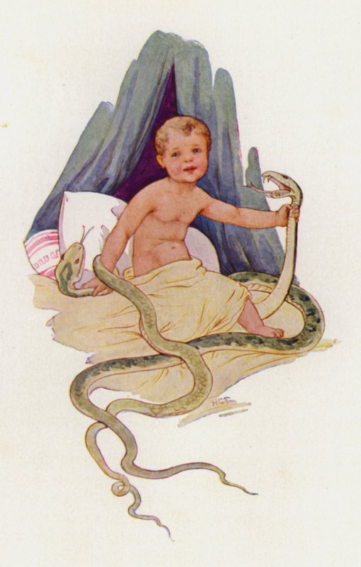 A kis Herkules megfojtja a kígyókat (színes litográfia) alkotó: Harry George Theaker