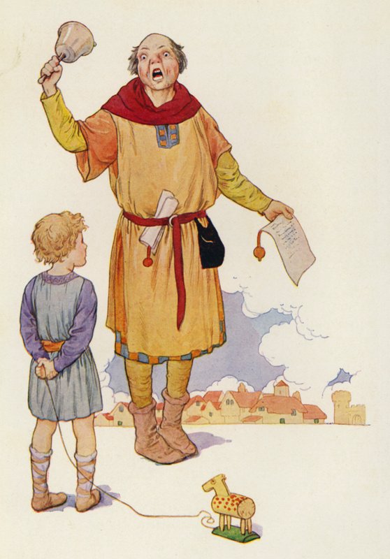 A kikiáltó hirdette a hírt, és az egész város izgatottan zúgott (színes lithó). alkotó: Harry George Theaker