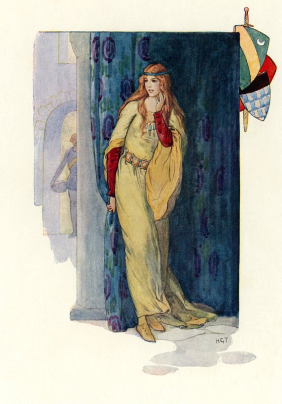 A néma leány rózsa egy függöny mögé bújva (színes litográfia) alkotó: Harry George Theaker