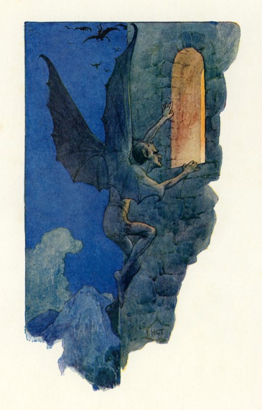 A tündérember besurrant a nyitott ablakon (színes litográfia) alkotó: Harry George Theaker