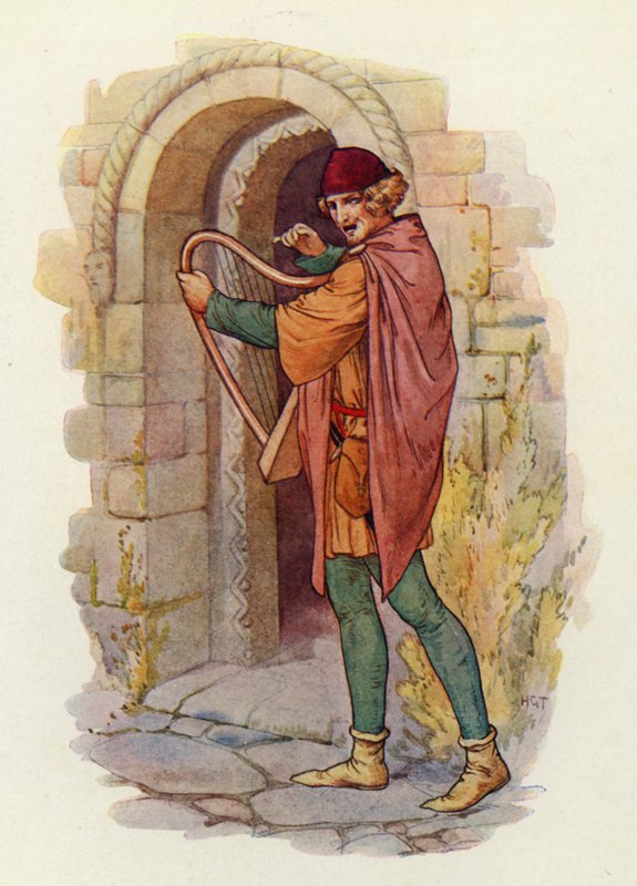 Robin Hood híre az összes közép-alföldi megyében elterjedt, még Londonban is, és a tetteiről szóló balladákat kezdték énekelni (színes litográfia). alkotó: Harry George Theaker