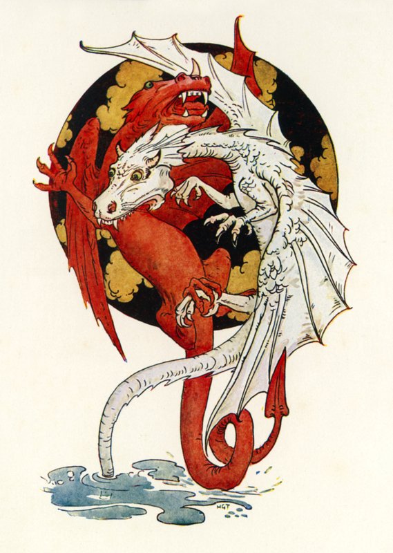 A sárkányok harca (színes litográfia) alkotó: Harry George Theaker