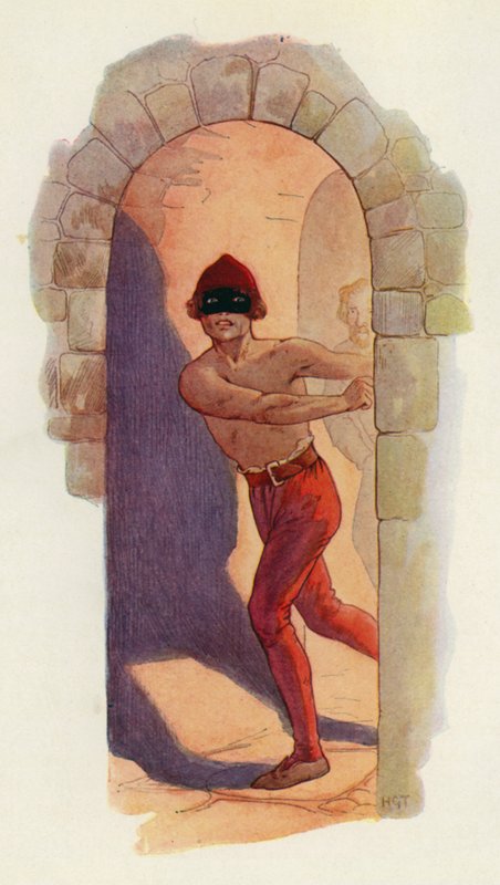 Az első közülük deréktól felfelé csupasz volt, és fekete maszkot viselt (színes litográfia). alkotó: Harry George Theaker