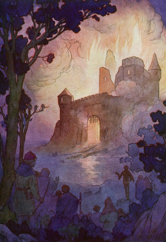 A nagy várkastély lángba borult, mérföldekre látható tűzoszlopként (színes litográfia). alkotó: Harry George Theaker