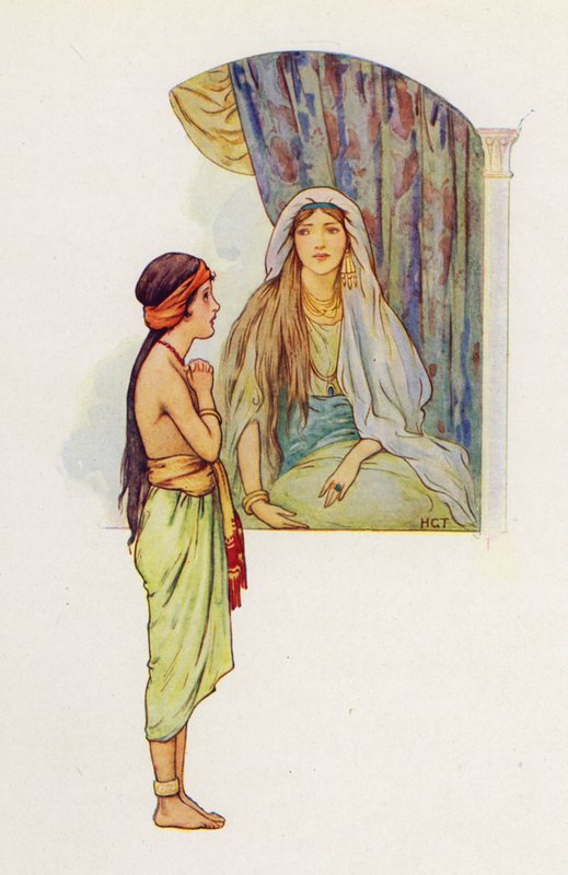 A kis fogoly szobalány azt mondta az úrnőjének, hogy Samáriában van egy próféta, aki meggyógyítja Naamánt a leprájából (színes litográfia). alkotó: Harry George Theaker