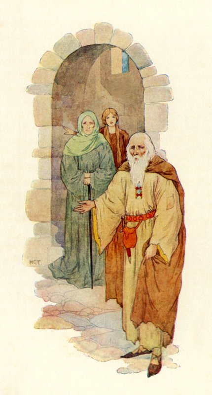 Az öreg meghívta a lovagot a romos palotába (színes litográfia) alkotó: Harry George Theaker