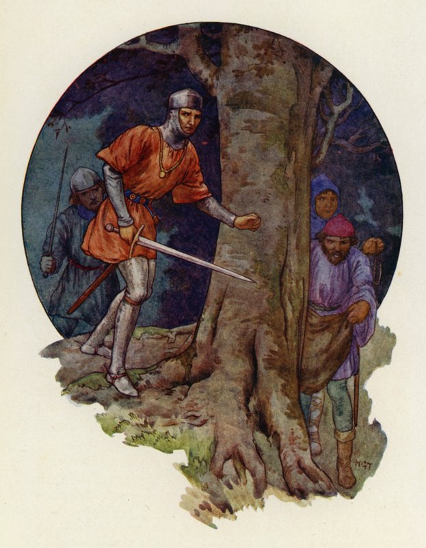 "Végre a törvényen kívüliek!" - kiáltotta a seriff, és kivont karddal odarohant, ahol az alakok eltűntek (színes litográfia). alkotó: Harry George Theaker