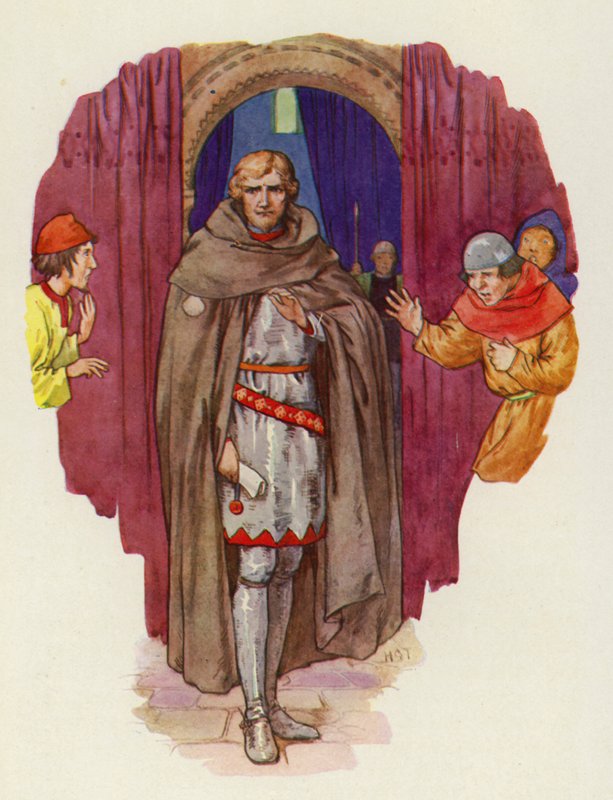 A pálmás hátravetette a csuklyáját, és köntösét kinyitva teljes páncélzatban mutatkozott (színes litográfia). alkotó: Harry George Theaker