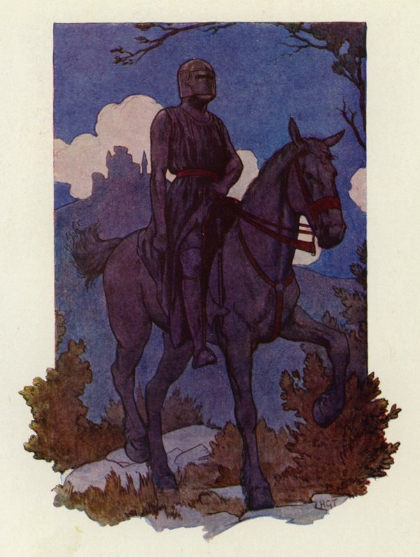 A furcsa lovag közeledett feléjük, egy nagy fekete lovon lovagolt, és teljesen feketébe volt öltözve (színes litográfia). alkotó: Harry George Theaker