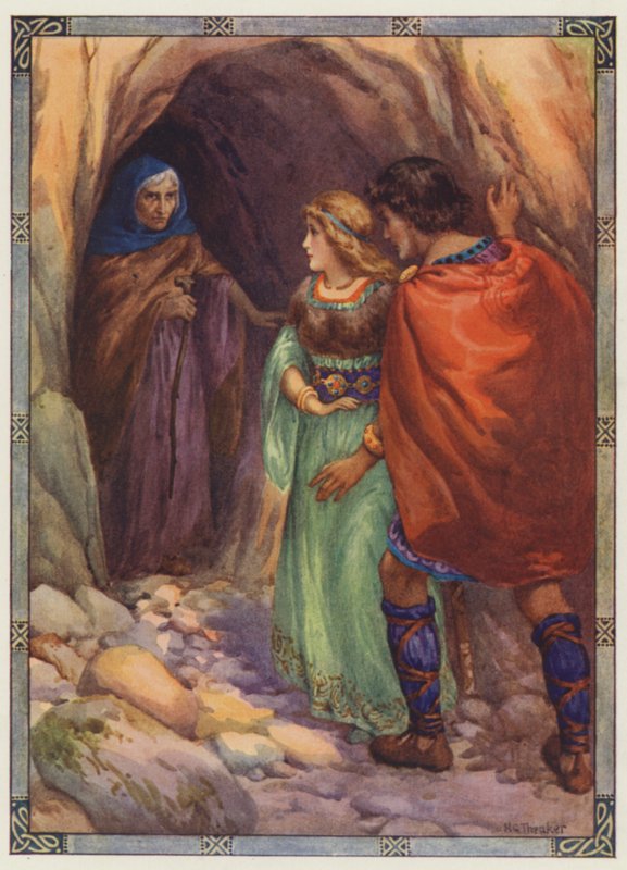 "Egy tengerparti barlanghoz érkeztek", Diarmuid és Grania (színes litográfia) alkotó: Harry George Theaker