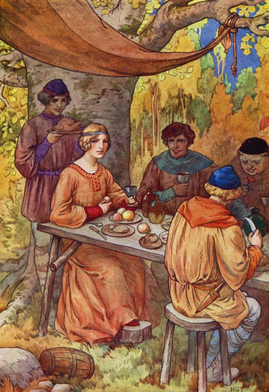 Vidáman lakomáztak, Marion díszítette asztalukat (színes lithó) alkotó: Harry George Theaker