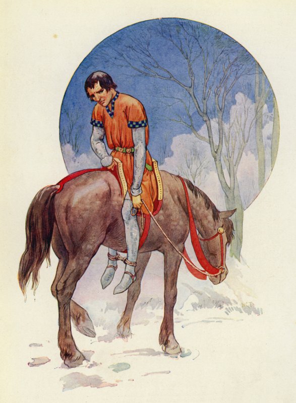 Guy így lovagolt el, feléjük fordulva, lábait szorosan a ló alá kötve (színes lithó). alkotó: Harry George Theaker