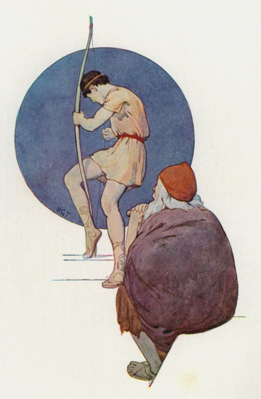 Odüsszeusz figyelte a nemeseket, amint egymás után próbálták meghajlítani a nagy íjat (színes litográfia). alkotó: Harry George Theaker